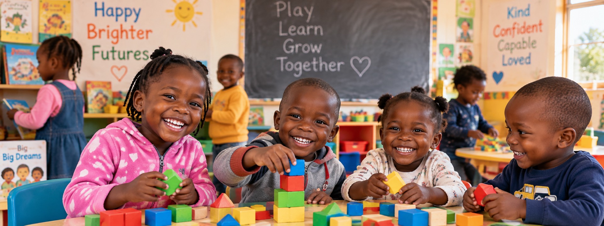 Children playing and learning together at tables in a bright preschool classroom