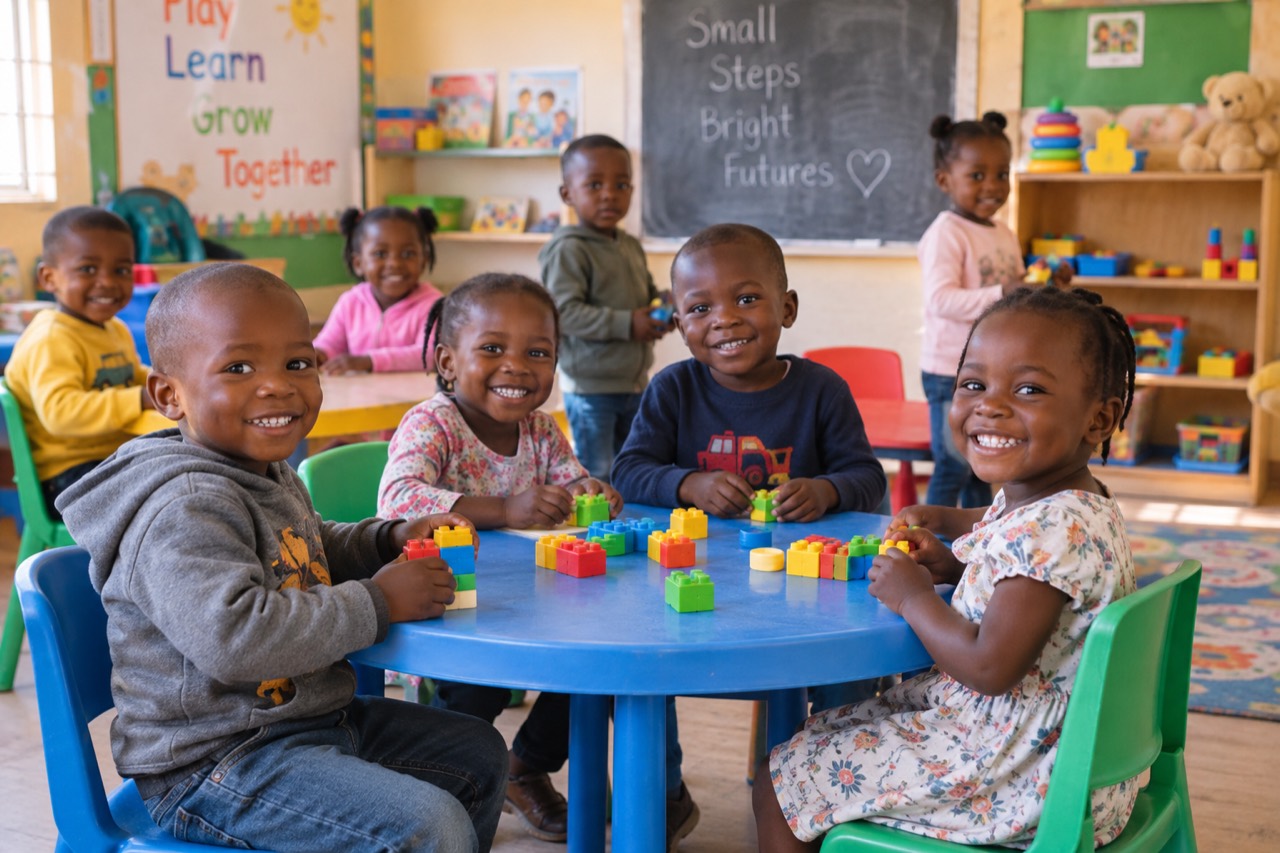 Children building with coloured blocks around a classroom table
